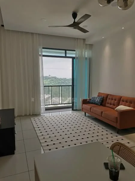 Living features: 3-seater fabric sofa in orange, coffee table, area rug with polka dots, floor-to-ceiling windows, sheer curtains, ceiling fan, recessed downlights, tile flooring, view of greenery; style: modern; view: garden.