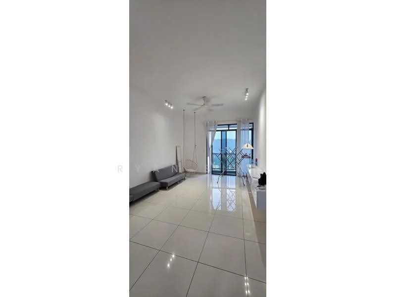 Living features: white painted walls, glossy white tile flooring, 5-blade ceiling fan with light, floor-to-ceiling windows, sliding glass door, balcony access, hanging chair, sofa in grey, TV console, decorative lamp; style: modern; view: city.