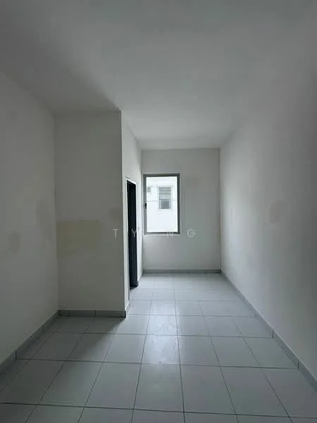 Room features: white painted walls, grey tiled flooring, single window, doorway, no visible furniture or decor; style: minimalist.