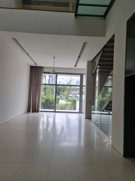 Living features: white painted walls, polished tile flooring, floor-to-ceiling windows, sheer curtains, recessed downlights, ceiling fan, open layout, view of garden, staircase with glass railing; style: modern; view: garden.