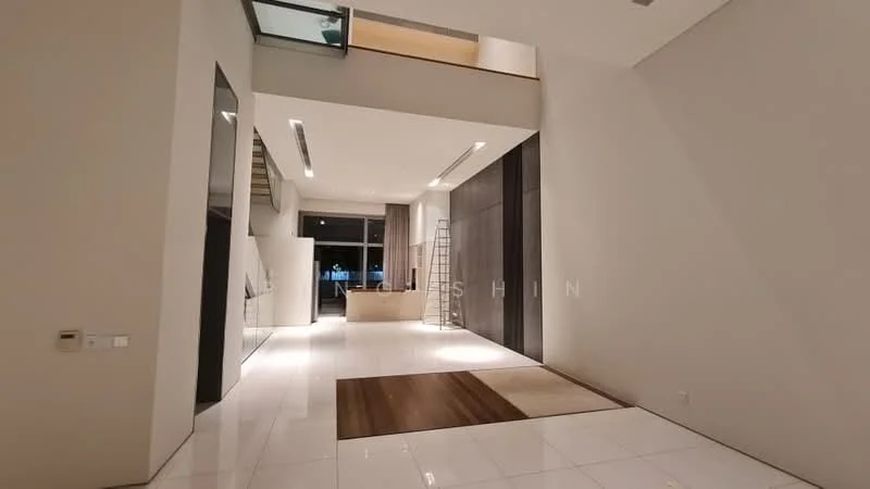 Room features: white painted walls, polished marble flooring, large floor-to-ceiling windows, open space layout, staircase with wooden steps, modern lighting fixtures, decorative ladder, area rug with geometric pattern; style: modern; view: garden.