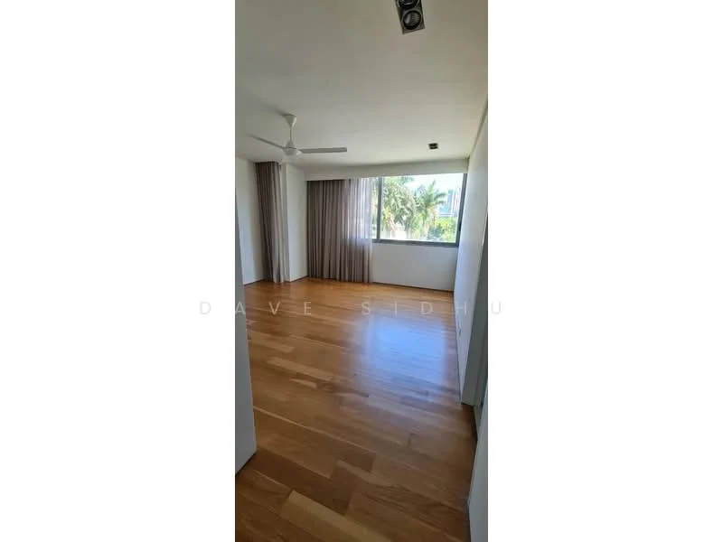 Room features: wooden flooring, white painted walls, floor-to-ceiling window, sheer curtains, ceiling fan, natural light, palm tree view, recessed lighting; style: modern; view: garden.