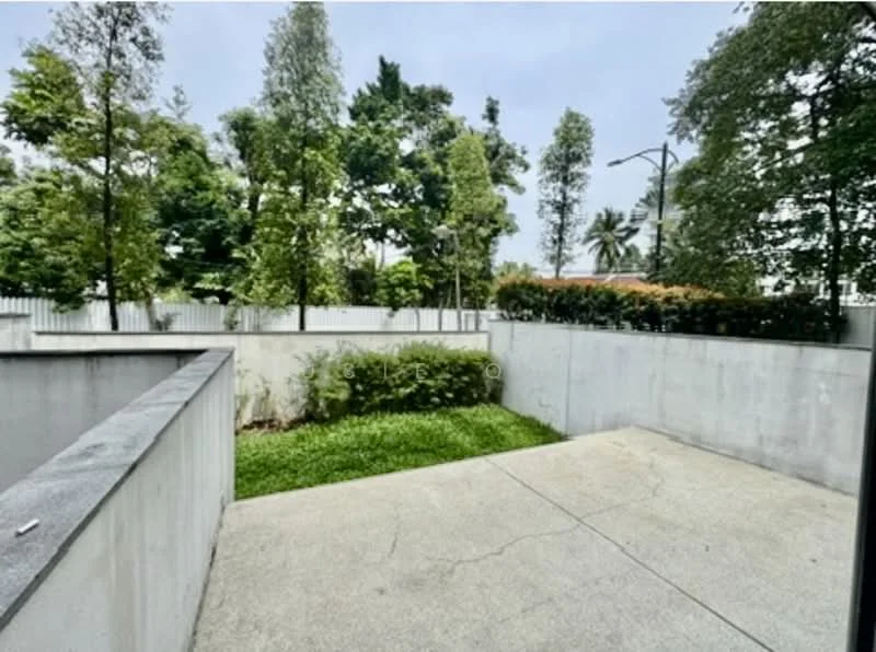 Exterior features: concrete flooring, manicured lawn, mature trees, surrounded by greenery, fenced perimeter, low concrete walls; style: modern.