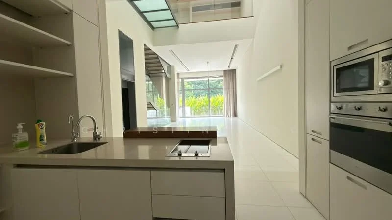 Kitchen features: single-bowl stainless-steel sink, chrome pull-down faucet, white cabinetry, built-in oven, microwave, kitchen island, ceramic tile flooring, recessed downlights, open shelving, modern design, large windows, neutral wall color, countertop with integrated cooktop; style: modern; view: garden. Living features: floor-to-ceiling windows, sliding glass door, neutral wall color, high ceiling, natural light, open layout; style: modern; view: garden.