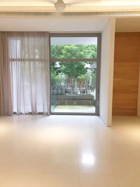Room features: floor-to-ceiling windows, sheer curtains, white walls, light-colored flooring, wood paneling, sliding glass door, outdoor view of greenery, recessed ceiling lights; style: modern; view: garden.