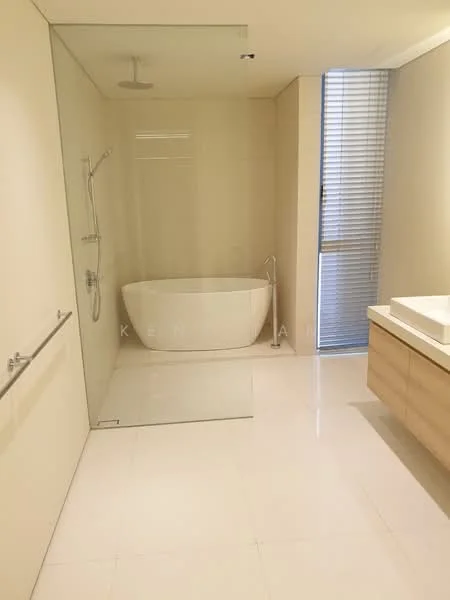 Bathroom features: freestanding bathtub, walk-in shower with glass enclosure, rain shower head, single-sink vanity with wood cabinet, white countertop, large wall mirror, tile flooring, neutral painted walls, window with blinds; style: modern.