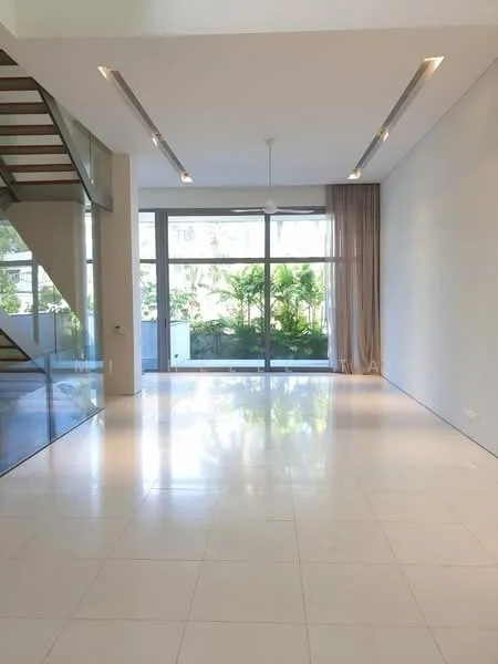 Living features: white painted walls, polished ceramic tile flooring, floor-to-ceiling windows, sheer curtains, recessed LED downlights, ceiling fan, open layout, view of garden; style: modern; view: garden.