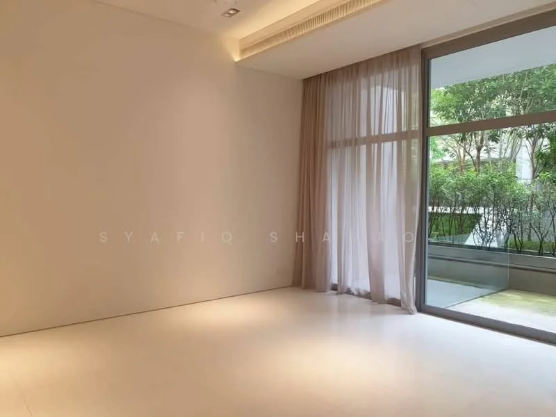 Room features: white painted walls, light-colored flooring, floor-to-ceiling windows, sheer curtains, natural light from windows, view of greenery outside; style: modern; view: garden.