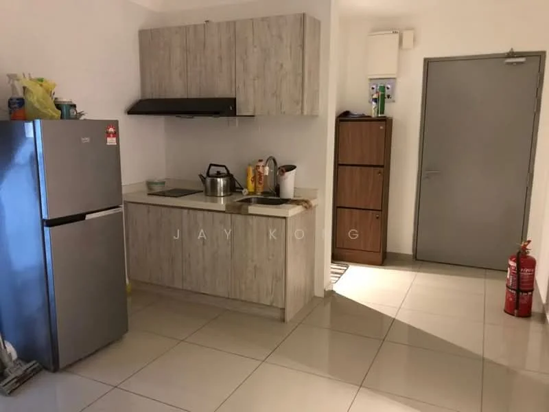 Kitchen features: grey laminate cabinetry, white countertop, stainless-steel fridge, built-in stove with hood, kettle on countertop, sink with faucet, wall-mounted cupboard, tile flooring, fire extinguisher, door to hallway; style: modern.