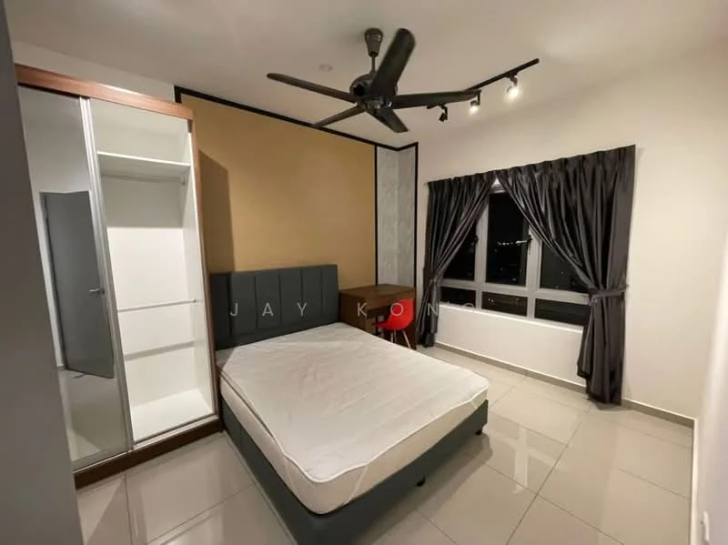Bedroom features: queen-size bed, upholstered headboard, 2 bedside lamps, built-in wardrobe with sliding doors, desk with chair, floor-to-ceiling windows, blackout curtains, grey tiled flooring, 5-blade ceiling fan with light, accent wall with textured finish; style: modern; view: city.