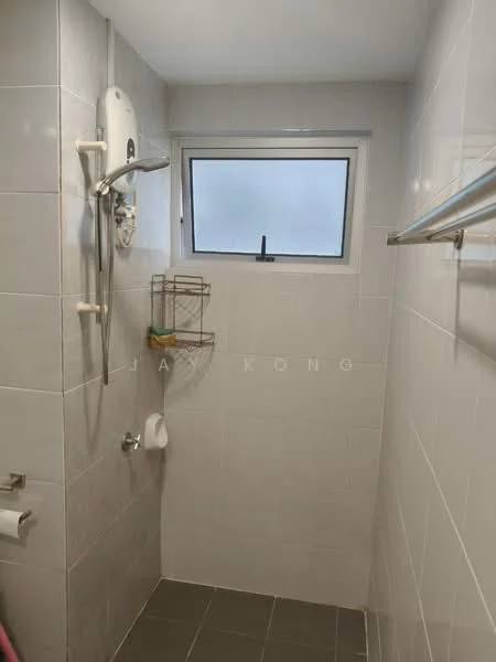 Bathroom features: white tiled walls, grey tiled flooring, shower area with glass partition, wall-mounted shower head, built-in shower shelf, toilet paper holder, window for natural light, towel rack; style: modern.