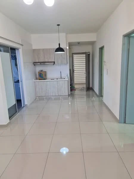 Room features: glossy tile flooring, white painted walls, kitchen cabinetry with light wood finish, pendant light fixture, open layout, sliding glass door, door to hallway, window with natural light, stainless-steel sink, countertop space, unfurnished space, neutral color scheme; style: modern.