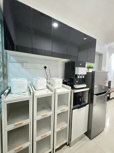 Kitchen features: black high-gloss cabinetry, white countertop, built-in coffee machine, stainless-steel fridge, four white storage containers, wall-mounted electrical outlets, recessed ceiling lights, ceramic tile flooring; style: modern.