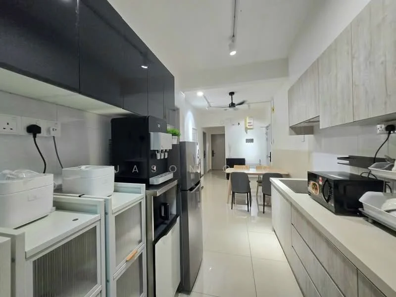 Kitchen features: white cabinetry, black upper cabinets, stainless-steel fridge, built-in microwave, countertop with light wood finish, ceramic tile flooring, recessed downlights, ceiling fan, dining table with chairs, open shelving, kitchen appliances, wall-mounted electrical outlets; style: modern.