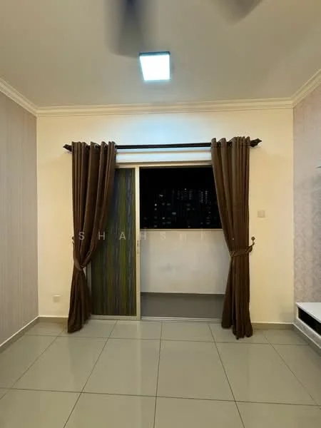 Room features: cream painted walls, grey tiled flooring, sliding glass door, floor-to-ceiling curtains in brown, ceiling light fixture, window with city view, wall-mounted TV console; style: modern; view: city.