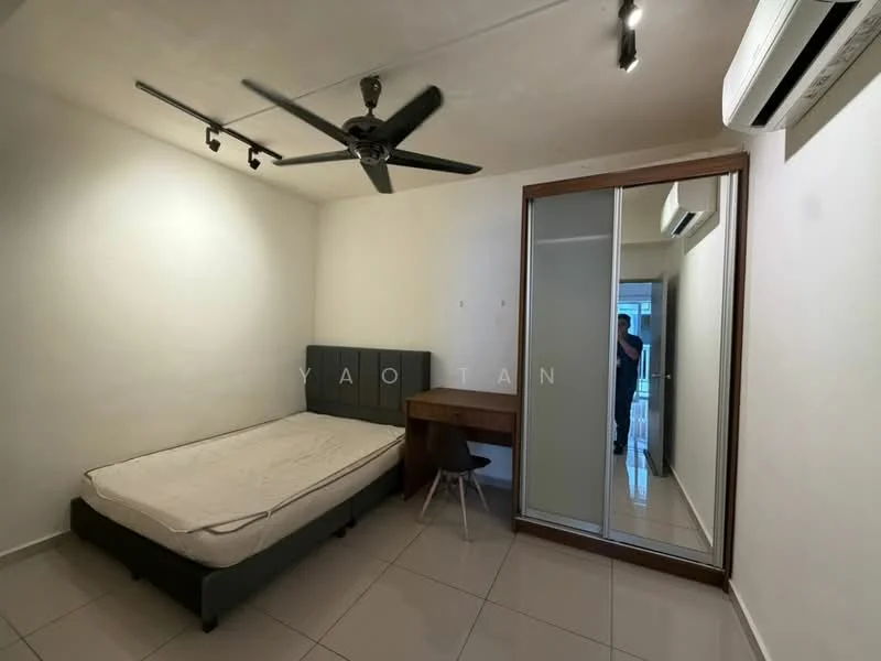 Bedroom features: queen-size bed, upholstered headboard, study desk, sliding mirror wardrobe, 5-blade ceiling fan, wall-mounted split AC, white painted walls, tile flooring, recessed downlights; style: modern.