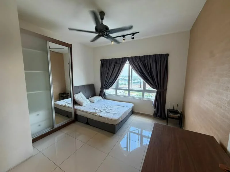 Bedroom features: queen-size bed, upholstered headboard, floor-to-ceiling windows, grey curtains, white painted walls, light-colored tile flooring, ceiling fan with light, built-in wardrobe with mirror, wooden bedside table; style: modern; view: city.