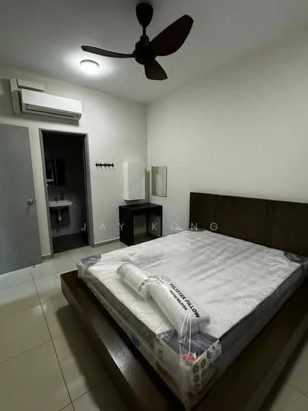Bedroom features: king-size bed, upholstered headboard, 2 bedside tables, wall-mounted mirror, built-in wardrobe, 1 wall-mounted split AC, ceiling fan, white painted walls, tile flooring, recessed ceiling light; style: modern.