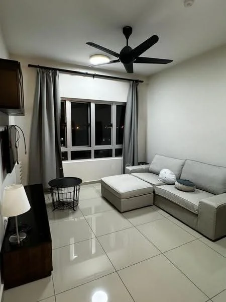 Living features: 3-seater fabric sofa in light grey, ottoman, black coffee table, wall-mounted TV, lampshade with white lampshade, floor-to-ceiling windows, grey curtains, glossy tile flooring, ceiling fan with light, decorative items on the table; style: modern; view: city.