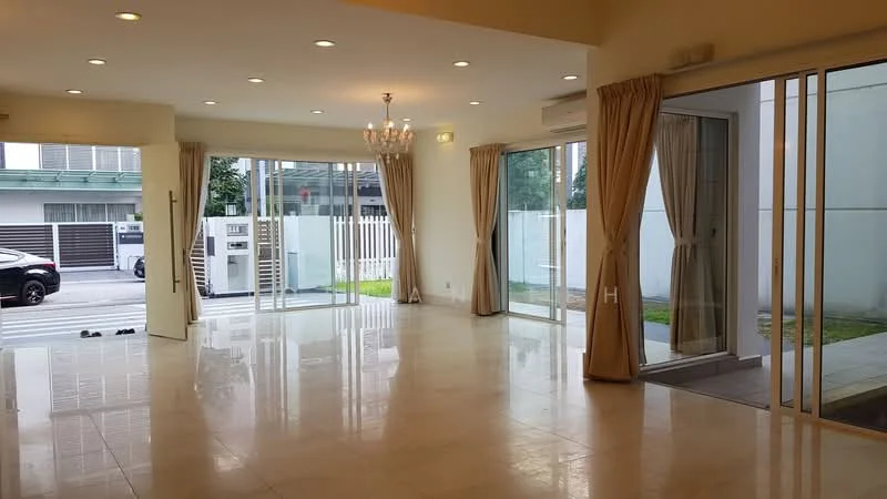 Living features: marble tile flooring, white painted walls, recessed downlights, chandelier, floor-to-ceiling windows, sliding glass door, sheer curtains, cream curtains, open layout, access to outdoor space, view of garden, air conditioning unit; style: modern; view: garden.