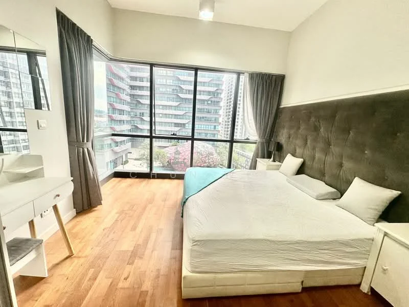 Bedroom features: king-size bed, upholstered headboard, two bedside tables, floor-to-ceiling windows, grey curtains, wooden flooring, dressing table with mirror, decorative wall panel, city view; style: modern; view: city.