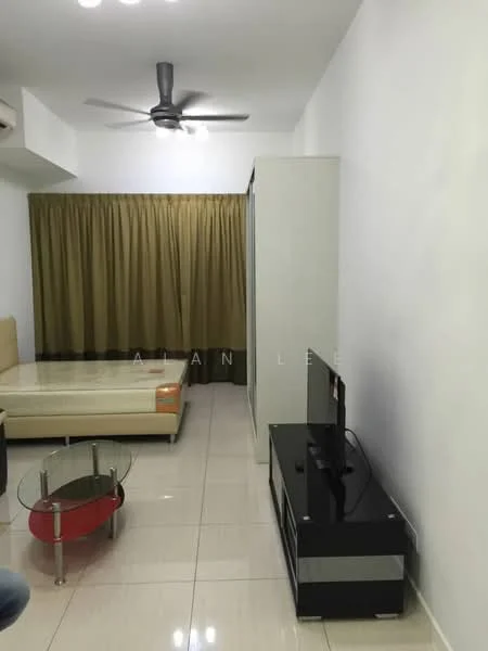 Living features: cream painted walls, glossy tile flooring, 5-blade ceiling fan, sofa in beige, glass coffee table with red accents, TV console in black, wall-mounted TV, curtains in olive green, built-in wardrobe with sliding doors; style: modern.