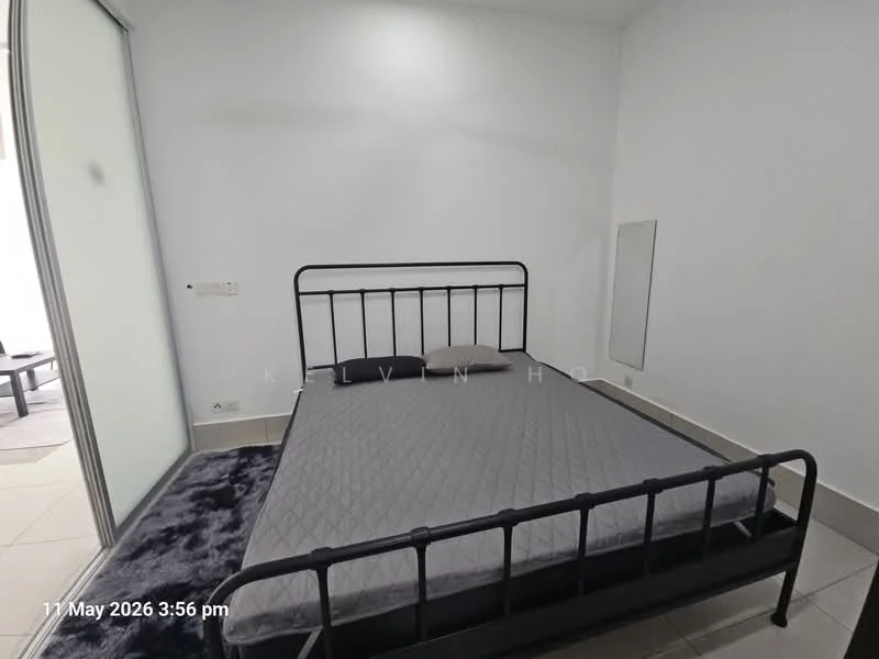 Bedroom features: metal bed frame, queen-size bed, grey mattress, two pillows, white painted walls, mirror on wall, tile flooring, area rug, floor-to-ceiling glass door; style: minimalist.
