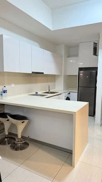 Kitchen features: white high-gloss cabinetry, laminate countertop, stainless-steel sink, chrome pull-down faucet, built-in oven, freestanding fridge, ceramic tile flooring, recessed downlights, bar stools, washing machine, white tiled backsplash; style: modern.