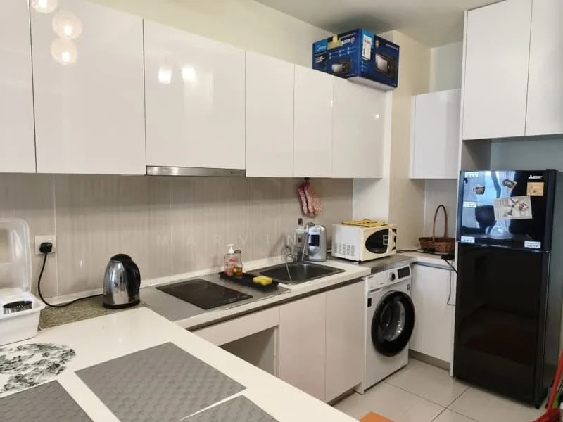Kitchen features: white high-gloss cabinetry, granite countertop, stainless-steel sink, chrome pull-down faucet, built-in electric stove, microwave, black refrigerator, front-load washing machine, kettle, toaster, dishwasher, tile backsplash, under-cabinet lighting, wall-mounted cabinets, open shelving; style: modern.