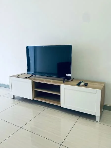 Room features: flat-screen TV, TV console with wooden finish, white cabinet doors, open shelving, ceramic tile flooring, neutral wall color, remote control; style: modern.
