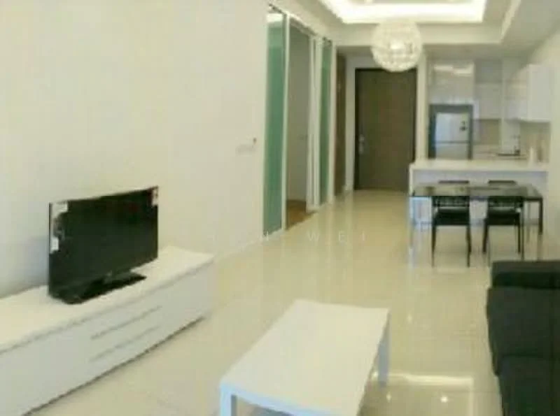 Living features: white painted walls, glossy tile flooring, recessed ceiling with LED lighting, 3-seater fabric sofa in dark color, white coffee table, TV console in white, wall-mounted TV, open layout to dining area, large windows for natural light; style: modern. Dining features: 4-seater dining table, black dining chairs, kitchen area visible in background, white cabinetry, stainless-steel fridge; style: modern.