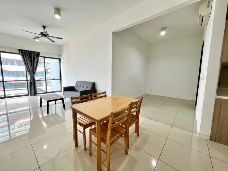 Living features: 3-blade ceiling fan, floor-to-ceiling windows, grey fabric sofa, wooden coffee table, white painted walls, glossy tile flooring, air conditioning unit, curtains, open layout; style: modern; view: city. Dining features: wooden dining table with 4 chairs, white painted walls, glossy tile flooring, open layout; style: modern.