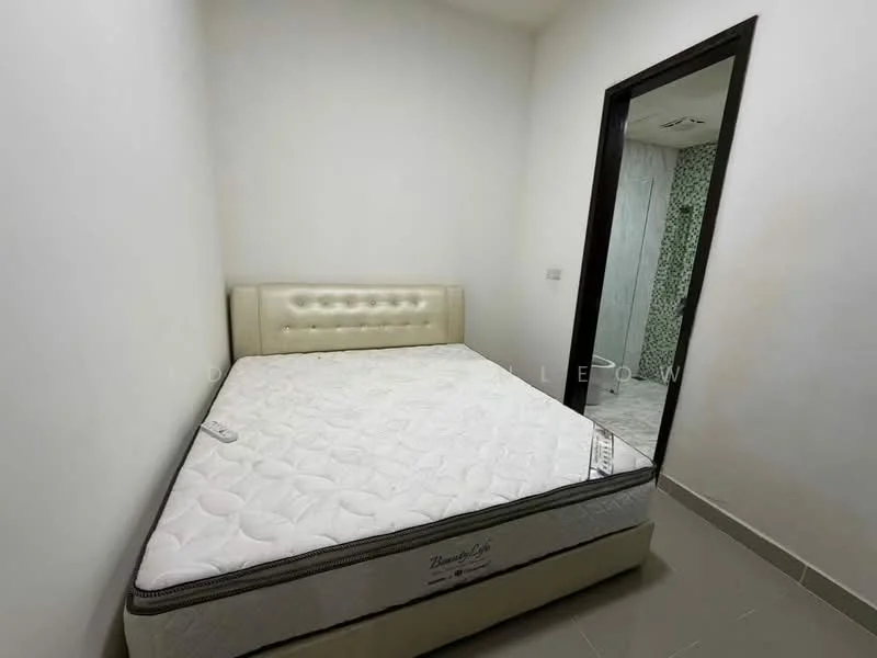 Bedroom features: white painted walls, grey tiled flooring, queen-size bed with upholstered headboard, mattress on bed frame, built-in wardrobe, ceiling light fixture, window with no visible treatment, door leading to bathroom, minimalist decor; style: modern.