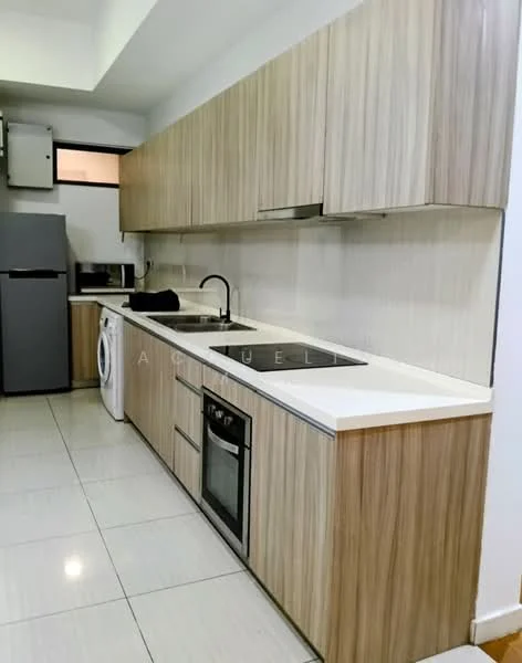 Kitchen features: light wood cabinetry, white countertop, stainless-steel sink, chrome pull-down faucet, built-in oven, freestanding fridge, built-in washing machine, ceramic tile flooring, recessed downlights, wall-mounted microwave; style: modern.