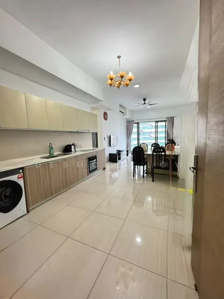 Kitchen features: white cabinetry, marble countertop, stainless-steel sink, chrome pull-down faucet, built-in oven, freestanding range oven, microwave, washing machine, recessed downlights, pendant light, floor-to-ceiling windows, dining table with chairs, ceramic tile flooring, air conditioning unit, wall-mounted clock; style: modern; view: city.