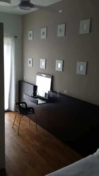 Room features: wooden flooring, grey painted walls, decorative wall frames, wall-mounted TV, black console table, chair, sheer curtains, recessed ceiling light; style: modern.