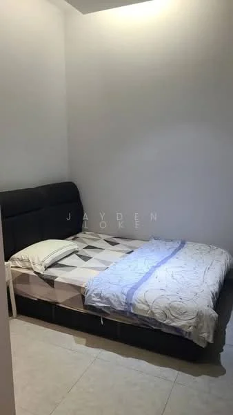 Bedroom features: queen-size bed, upholstered headboard, bedding with floral pattern, white walls, tile flooring, single bedside table, lamp on bedside table, window with no visible treatment.
