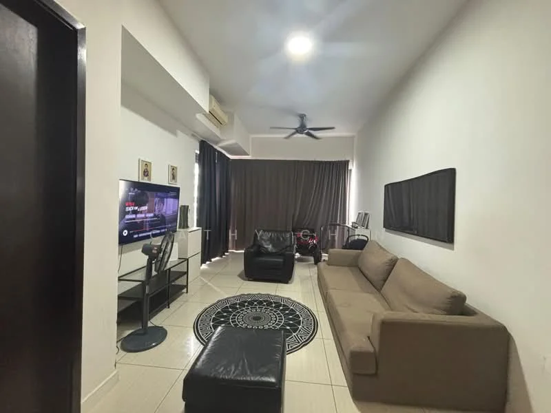 Living features: beige L-shape sectional sofa, black leather armchair, black ottoman, round area rug with geometric pattern, wall-mounted TV, TV console, floor-to-ceiling windows with blackout curtains, ceiling fan with light, white painted walls, tile flooring, decorative wall art; style: modern.