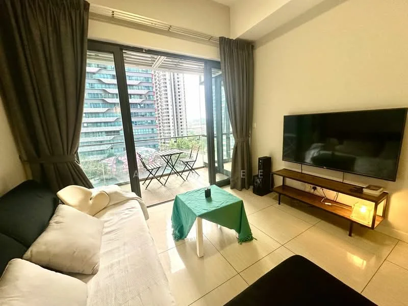 Living features: black fabric sofa, white throw pillows, green tablecloth on table, wooden TV console, wall-mounted flat-screen TV, floor-to-ceiling windows, sliding glass door, curtains in dark grey, tile flooring, decorative lamp on console, small round table with two chairs on balcony; style: modern; view: city.