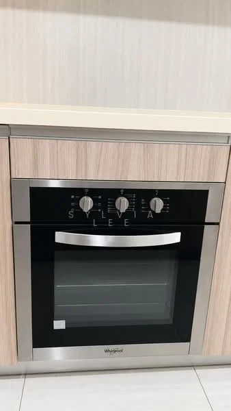 Kitchen features: built-in oven, stainless-steel finish, black glass door, control knobs, integrated cabinetry, light wood cabinetry, countertop, tile flooring; style: modern.