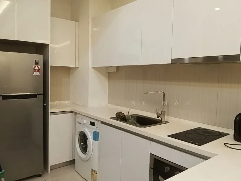 Kitchen features: white high-gloss cabinetry, stainless-steel fridge, built-in oven, ceramic cooktop, single-bowl stainless-steel sink, chrome pull-down faucet, front-load washing machine, white countertop, tile backsplash, under-cabinet lighting; style: modern.