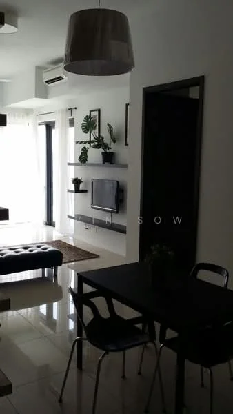 Living features: white painted walls, glossy tile flooring, 5-blade ceiling fan with light, floor-to-ceiling windows, sliding glass door, black leather ottoman, wall-mounted TV, floating shelves, decorative plants, black dining table, 4 black dining chairs; style: modern; view: garden.