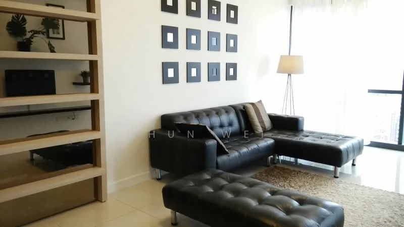 Living features: black leather sectional sofa, black leather ottoman, area rug with neutral color, floor-to-ceiling windows, curtains, wall-mounted artwork with black frames, lampshade floor lamp, open shelving unit, light-colored walls, tile flooring; style: modern; view: city.