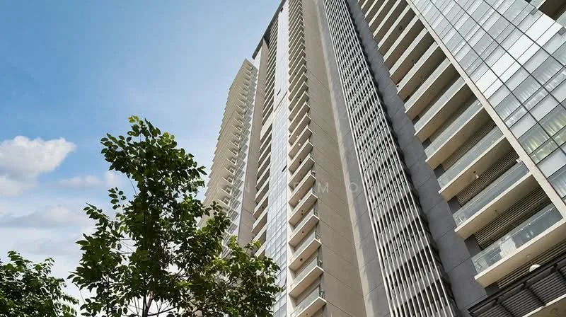 Exterior type: high-rise condominium; features: glass curtain wall, concrete facade, recessed balconies, vertical fins, approximately 20-storey high-rise, surrounded by greenery; style: modern.