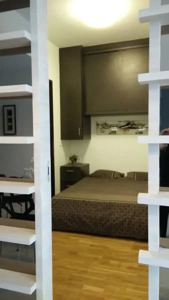 Bedroom features: queen-size bed with brown bedding, wooden flooring, built-in wardrobe with dark wood finish, wall-mounted artwork, recessed ceiling light, neutral painted walls, decorative plant on bedside table; style: modern.