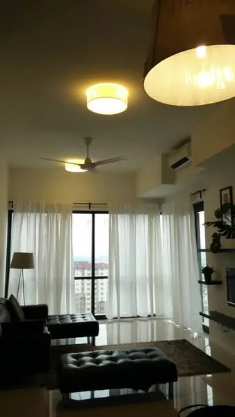 Living features: 3-seater leather sofa, ottoman, coffee table, floor-to-ceiling windows, sheer curtains, 5-blade ceiling fan with light, recessed downlights, wall-mounted TV, decorative plants on wall shelves, area rug with geometric pattern, polished tile flooring; style: modern; view: city.
