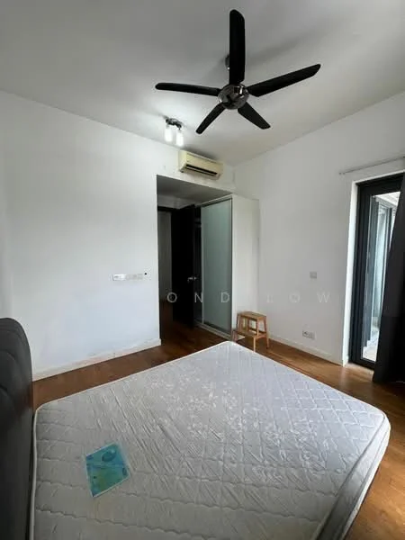 Bedroom features: wooden flooring, white painted walls, 5-blade ceiling fan, wall-mounted air conditioning unit, sliding glass door, blackout curtains, single bed mattress, small wooden stool.