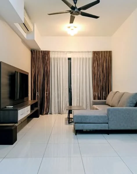 Living features: 3-seater fabric sofa in grey, coffee table, wall-mounted TV, TV console with storage, floor-to-ceiling windows, sheer curtains, blackout curtains, 5-blade ceiling fan, recessed downlights, white painted walls, glossy white tile flooring, decorative wall paneling; style: modern.