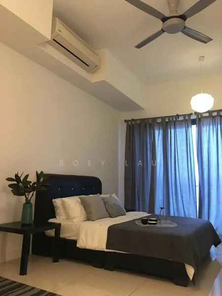Bedroom features: king-size bed, upholstered headboard, white bedding, grey throw blanket, 2 decorative pillows, side table, table lamp, floor-to-ceiling windows, grey curtains, wall-mounted split AC, ceiling fan with light, white painted walls, tile flooring; style: modern.