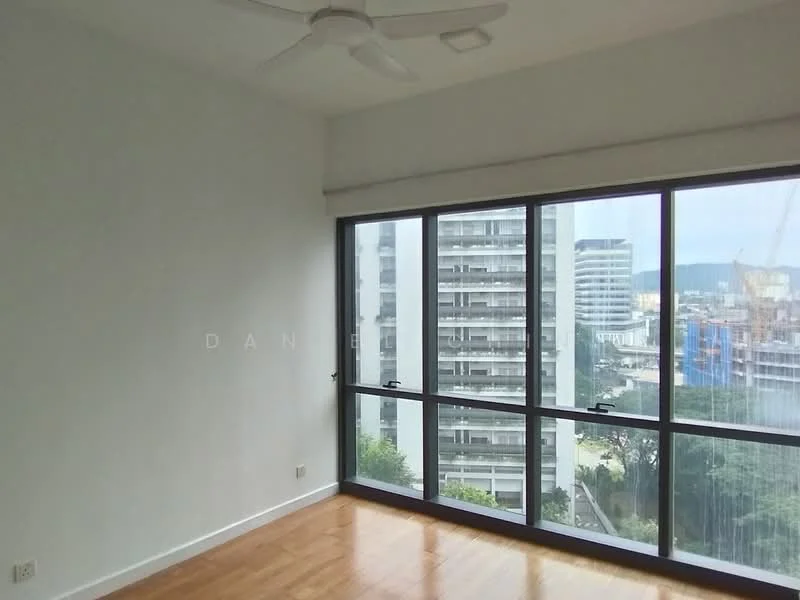 Room features: large floor-to-ceiling windows, wooden flooring, white painted walls, ceiling fan, city view, natural light, roller blinds; style: modern; view: city.